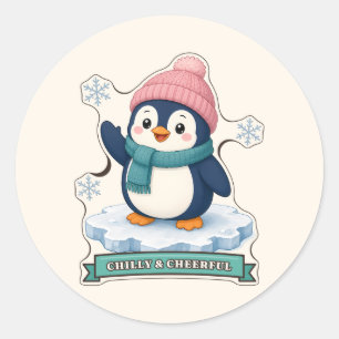 Pegatina Redonda Pingüino frío y alegre con un sombrero de pompón r
