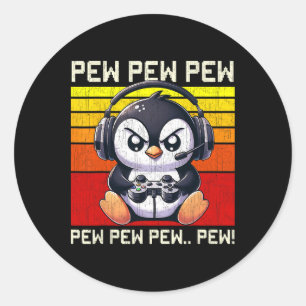 Pegatina Redonda Pingüino Gamer Pew Divertidos Videojuegos Vintage