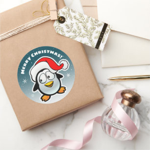 Pegatina Redonda Pingüino Genial Con Gorro De Santa