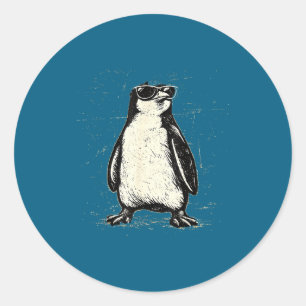 Pegatina Redonda Pingüino genial que lleva gafas de sol animal vint