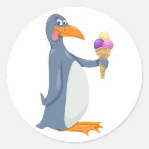 Pegatina Redonda Pingüino Gracioso Con Pegatinas De Helados