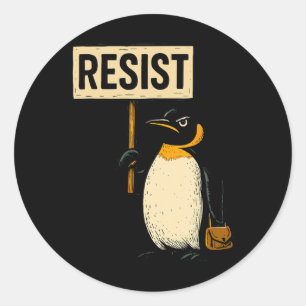 Pegatina Redonda Pingüino gracioso resiste a los pingüinos en prote