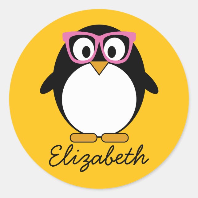 Pegatina Redonda Pingüino hipster - Personalizado suave rosa amaril (Anverso)