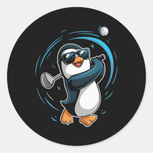 Pegatina Redonda Pingüino Jugando Golf Deporte Animal Lindo Pingüin