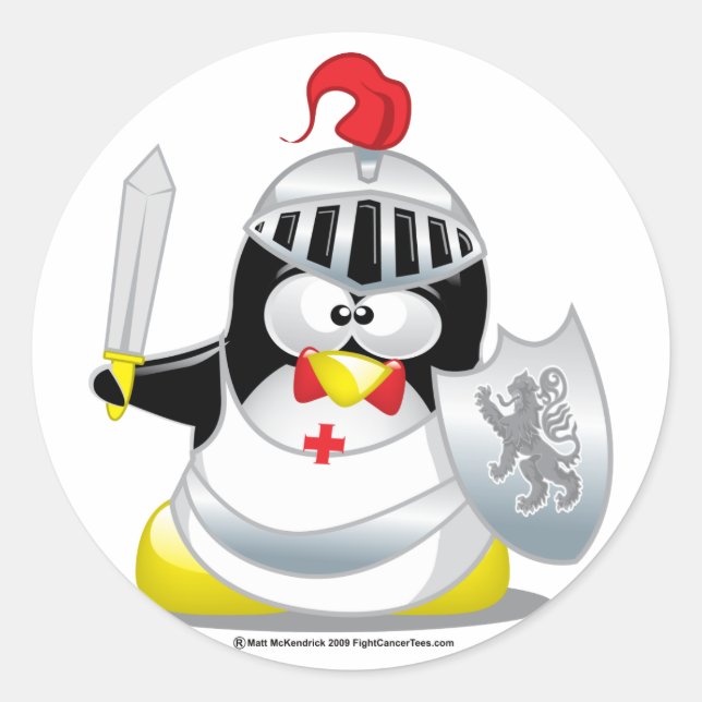 Pegatina Redonda Pingüino Knight medieval (Anverso)