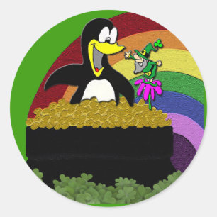 Pegatina Redonda Pingüino, Leprechaun, oro y arcoiris
