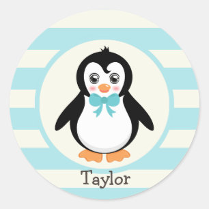 Pegatina Redonda Pingüino lindo con Bowtie turquesa