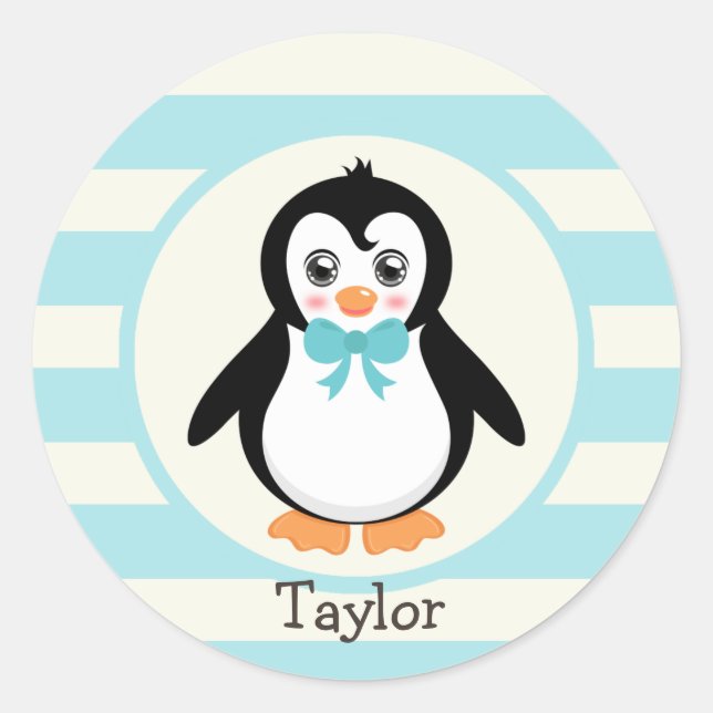 Pegatina Redonda Pingüino lindo con Bowtie turquesa (Anverso)