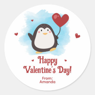 Pegatina Redonda Pingüino Lindo Día de San Valentín Personalizado
