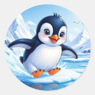 Pegatina Redonda Pingüino Lindo En Hielo Para Amantes Del Invierno