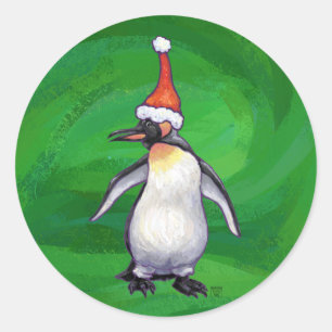 Pegatina Redonda Pingüino lindo en Sombrero de Santa