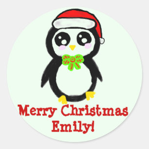 Pegatina Redonda Pingüino Navidad personalizado