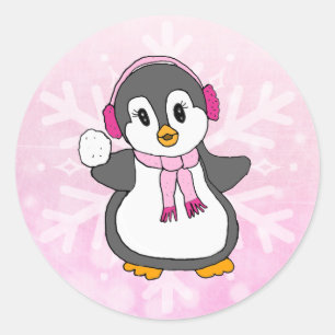 Pegatina Redonda Pingüino Navidad rosado con fiesta de bola de nie