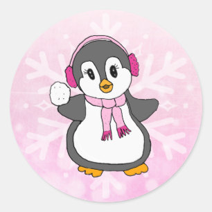 Pegatina Redonda Pingüino Navidad rosado con vacaciones de bola de
