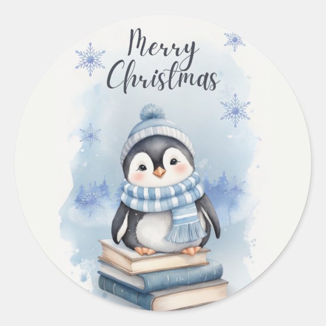 Pegatina Redonda Pingüino Navidades de acuarela (Anverso)