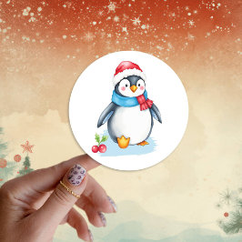 Pegatina Redonda Pingüino Navidades de acuarela