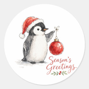 Pegatina Redonda Pingüino Navideño Adorable con Adorno