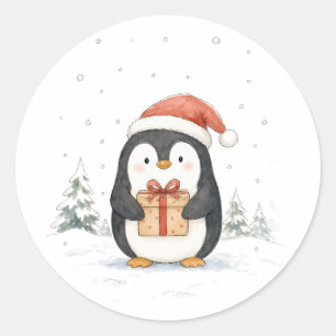 Pegatina Redonda Pinguino Navideño Adorable con Regalo y Gorro de P