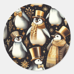 Pegatina Redonda Pingüino negro y dorado