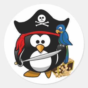 Pegatina Redonda Pingüino pirata con tesoro en pecho
