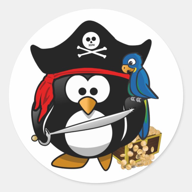 Pegatina Redonda Pingüino pirata con tesoro en pecho (Anverso)