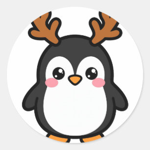 Pegatina Redonda Pingüino Reno Navidad