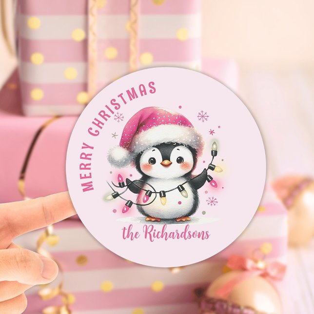 Pegatina Redonda Pingüino rosa con luces Navidades de nombre famili (Subido por el creador)