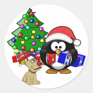 Pegatina Redonda Pingüino Santa y Perro reno