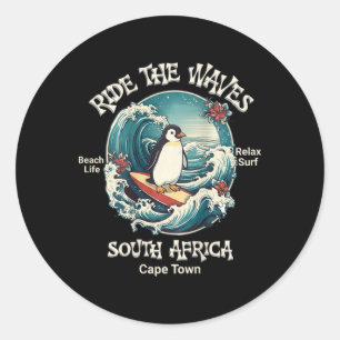 Pegatina Redonda Pingüino Surf Cabalgando Olas Sudáfrica Cabo Cod S