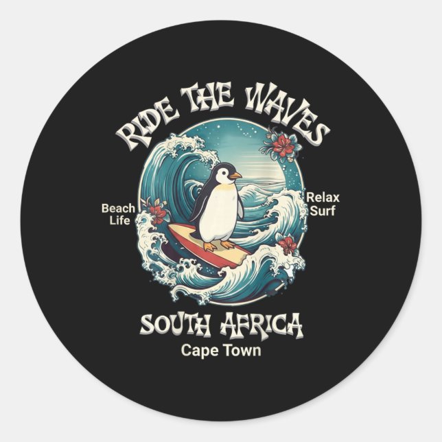 Pegatina Redonda Pingüino Surf Cabalgando Olas Sudáfrica Cabo Cod S (Anverso)