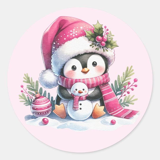 Pegatina Redonda Pingüino y Navidades rosados de Snowman (Anverso)