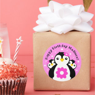 Pegatina Redonda Pingüinos Chicas de cumpleaños felices