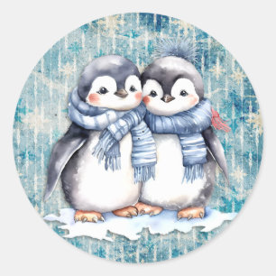 Pegatina Redonda Pingüinos de acuarela azul invernal con escarabajo