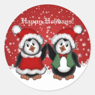 Pegatina Redonda Pingüinos de Navidades Cutos