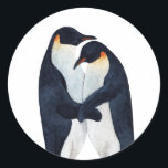 Pegatina Redonda Pingüinos del emperador acuático<br><div class="desc">pingüinos emperadores de la pareja pintados con acuarela</div>