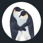 Pegatina Redonda Pingüinos del emperador acuático<br><div class="desc">pingüinos emperadores de la pareja pintados con acuarela</div>