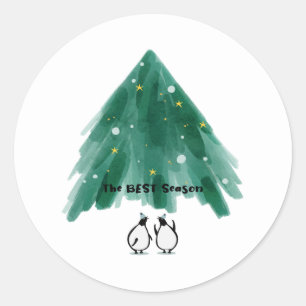 Pegatina Redonda Pingüinos Lindos Debajo del Árbol de Navidad