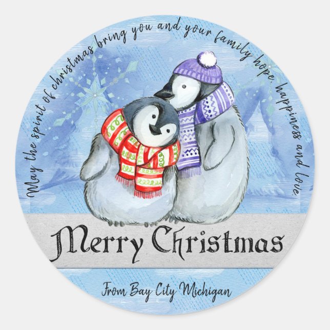 Pegatina Redonda Pingüinos navidades (Anverso)