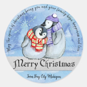 Pegatina Redonda Pingüinos navidades