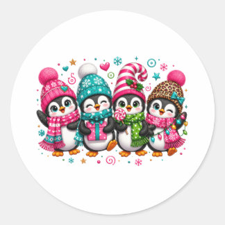 Pegatina Redonda Pingüinos Navideños Adorables