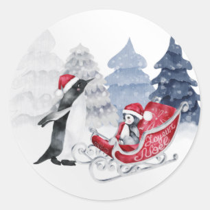 Pegatina Redonda Pingüinos Trineo Rojo Acuarela Navidad