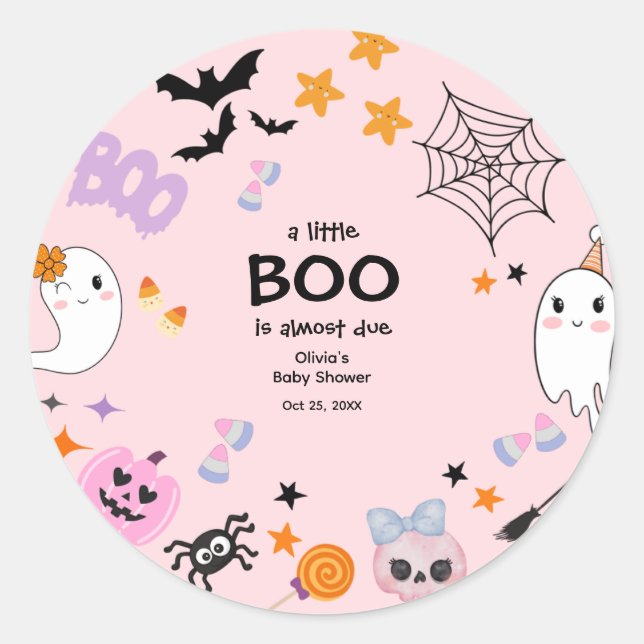 Pegatina Redonda Pink A Little Boo Cuo Fantasma Baby Shower (Anverso)