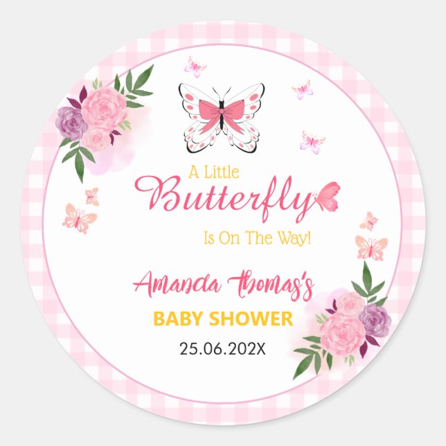 Pegatina Redonda Pink A Little Butterfly Is On The Way Baby Shower  (Anverso)
