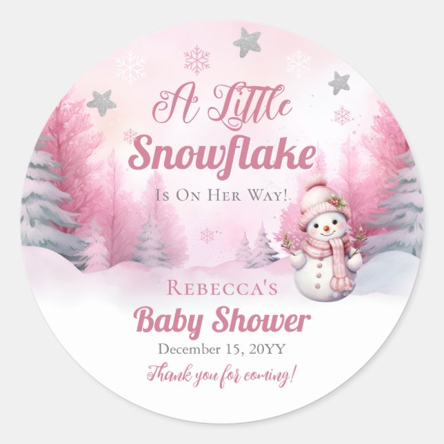 Pegatina Redonda Pink A Little Snowflake | Baby Shower Chica de nie (Anverso)