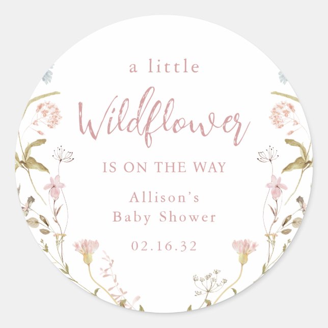 Pegatina Redonda Pink A Little Wildflower Rust Boho Baby Shower (Anverso)