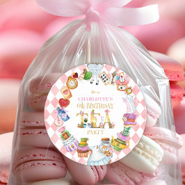 Pegatina Redonda Pink Alice in Wonderland 6th Birthday  