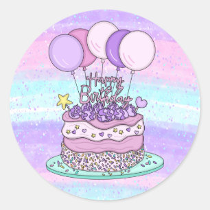 Pegatina Redonda Pink and Purple Happy Birday