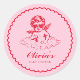 Pegatina Redonda Pink and Red Retro Cherub Baby Shower