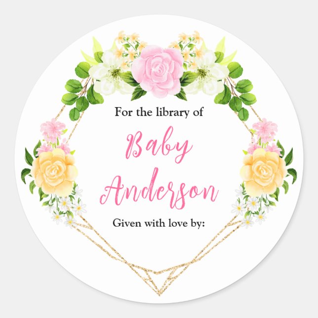 Pegatina Redonda Pink and Yellow Floral Baby Shower Bookplate (Anverso)