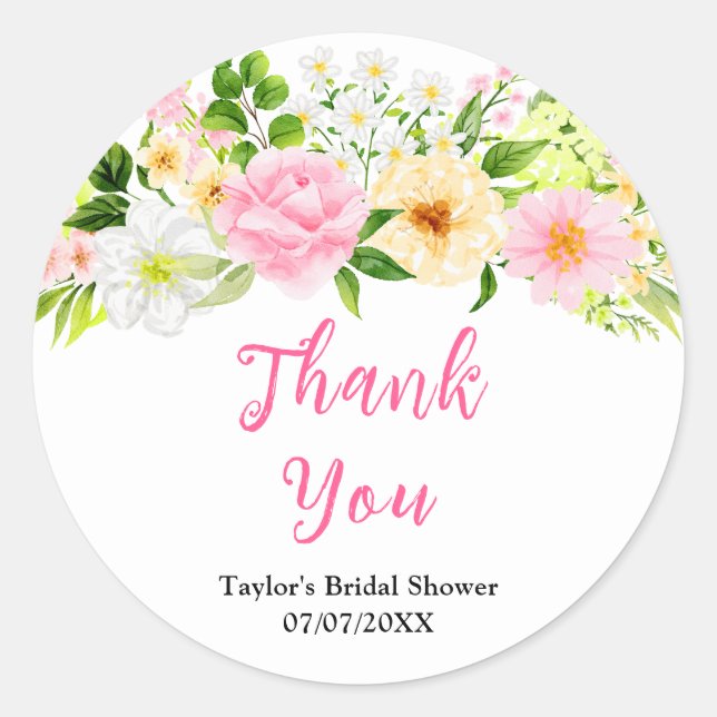 Pegatina Redonda Pink and Yellow Floral Bridal Shower Thank You (Anverso)